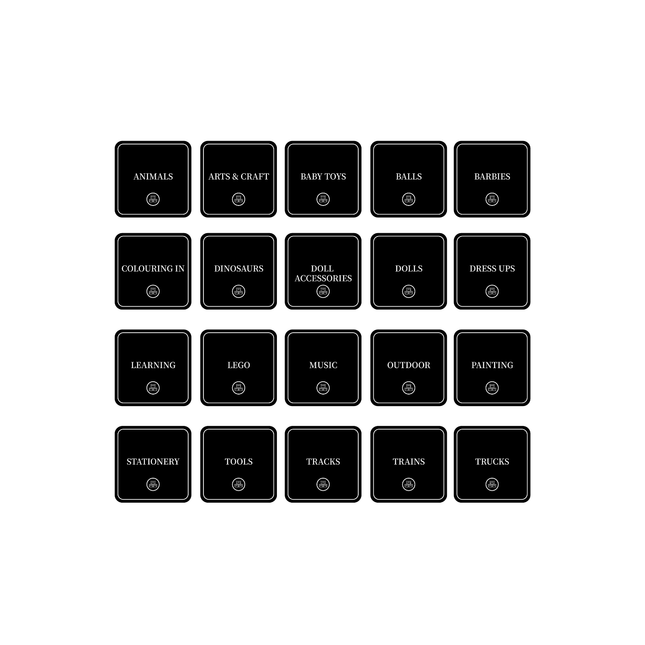 Square Toy Room Organisational Stickers – 36 Pack for efficient toy and art supplies storage in playroom. Ideal for drawer organisers.