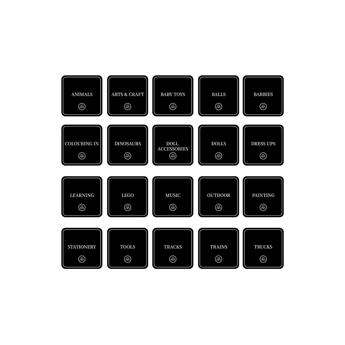 Square Toy Room Organisational Stickers – 36 Pack for efficient toy and art supplies storage in playroom. Ideal for drawer organisers.