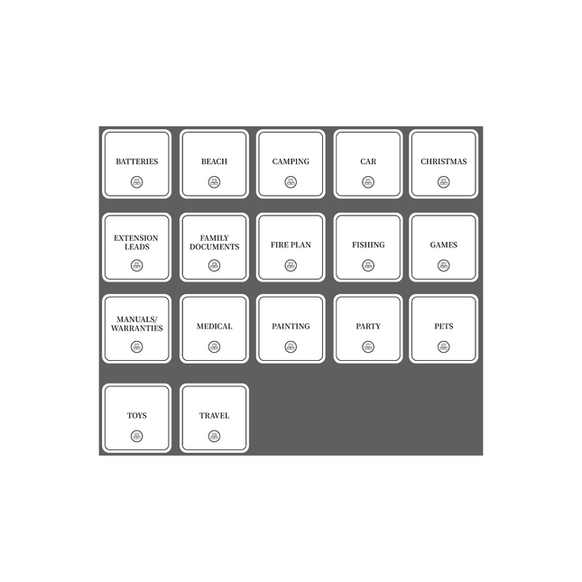 Garage Organisation Stickers – 32 Label Pack – Square. Ideal for categorising items in garage storage organisers efficiently.