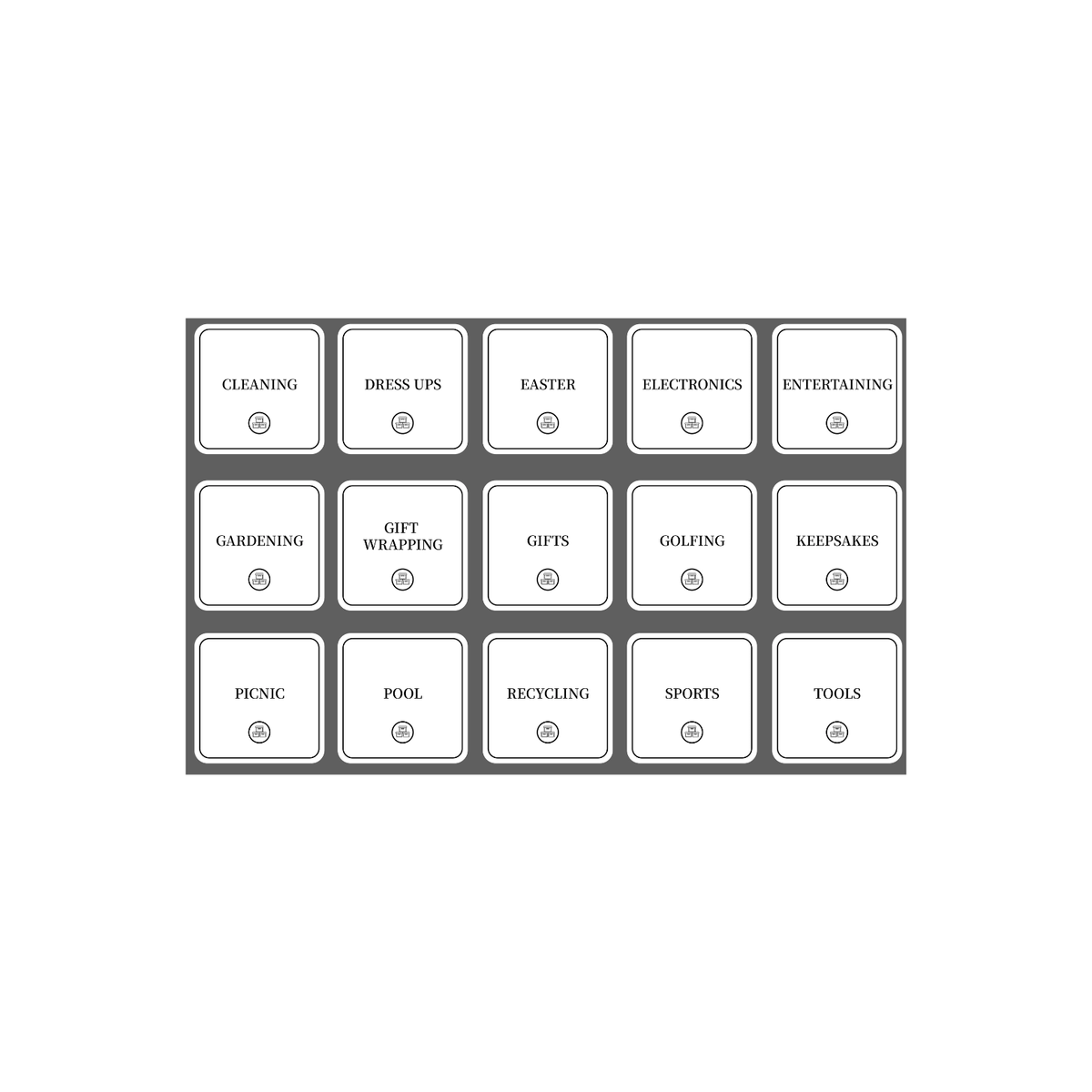 Garage Organisation Stickers – 32 Label Pack – Square, perfect for sorting items in garage, improving pantry and kitchen organisation.