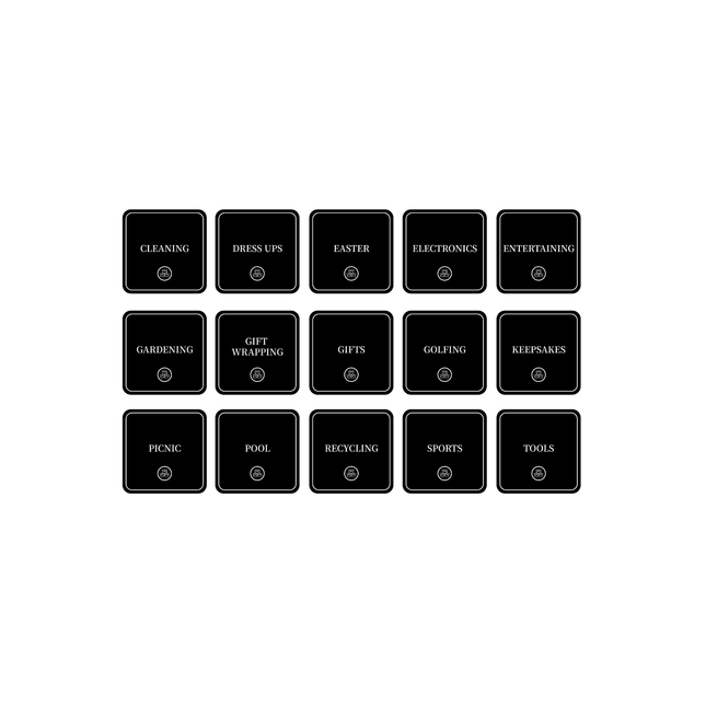 Garage Organisation Stickers – 32 Label Pack – Square displayed for optimal pantry organisation, featuring various categories for efficient storage.