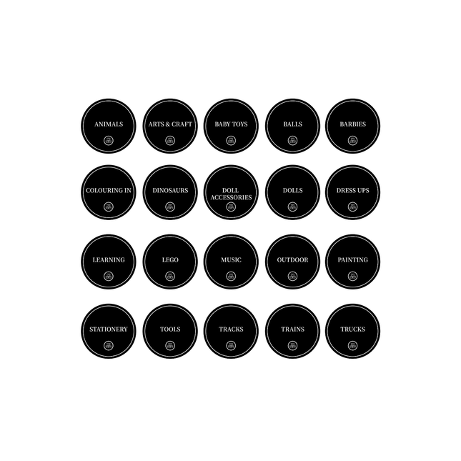 Toy Room Organisational Stickers – 36 Pack Round Labels for creating tidy play spaces at home or childcare settings. Ideal storage organisers.