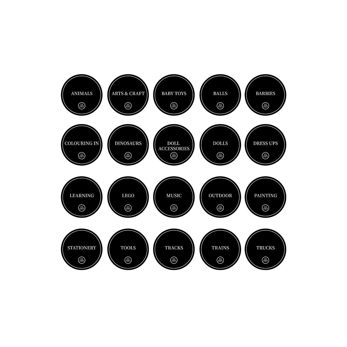 Toy Room Organisational Stickers – 36 Pack Round Labels for creating tidy play spaces at home or childcare settings. Ideal storage organisers.