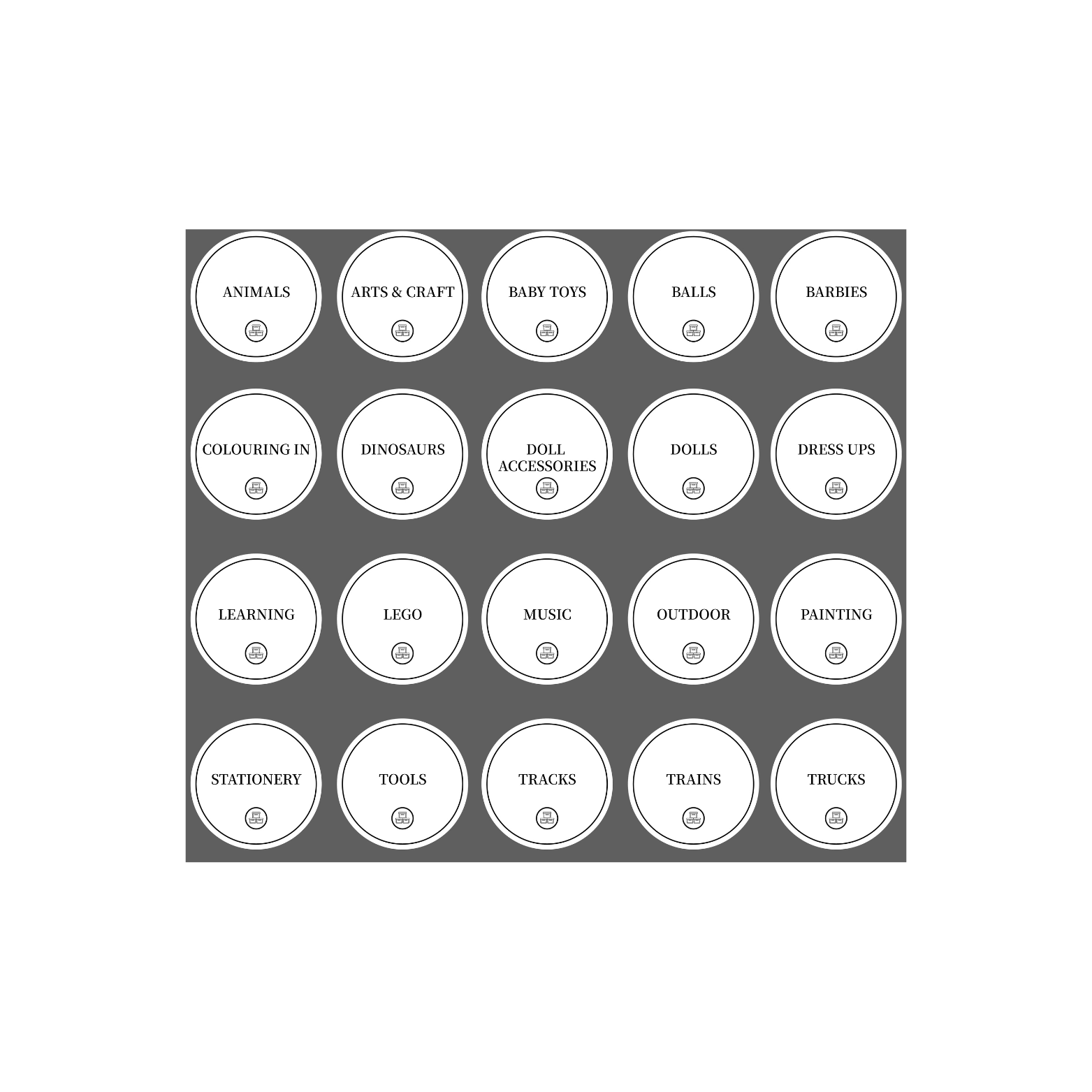 Toy Room Organisational Stickers – 36 Pack Round Labels – Storage ...