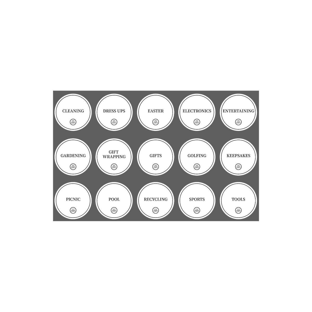 Garage Organisation Stickers – 32 Label Pack – Round, perfect for categorising storage in the garage, enhancing pantry organisation.