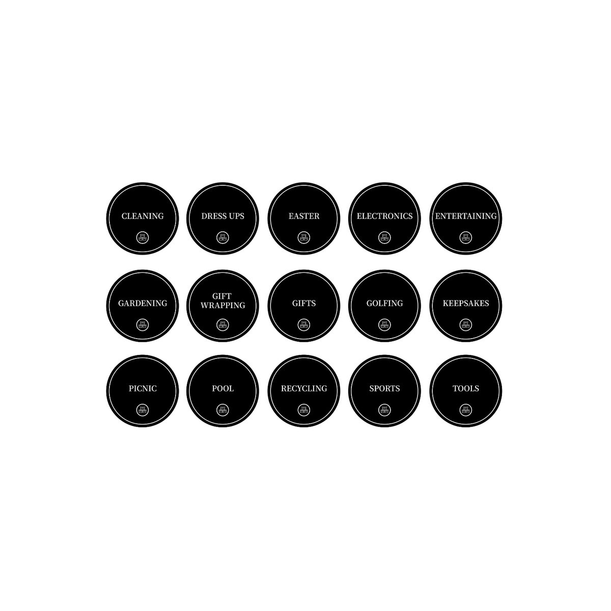 Garage Organisation Stickers – 32 Label Pack – Round for efficient storage organisers in garage settings.