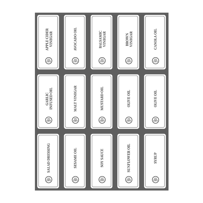 Oil Sticker Set – 28 Labels for Pantry Bottles displayed for kitchen organisation and storage.
