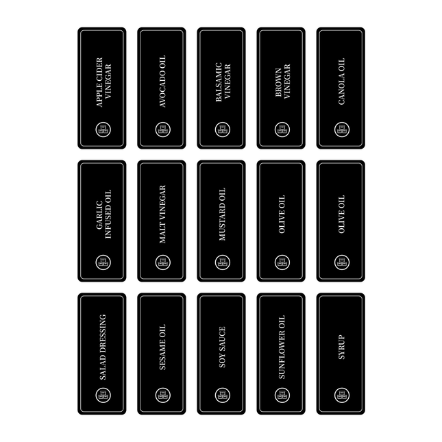 Oil Sticker Set – 28 Labels for Pantry Bottles displayed, ideal for kitchen organisation.