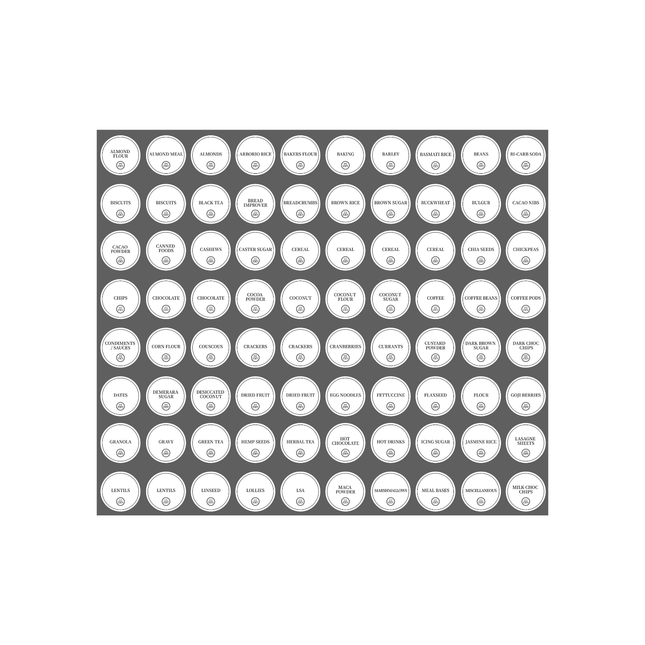 Complete Pantry Sticker Set – 156 Round Labels for kitchen storage organisers and pantry organisation.