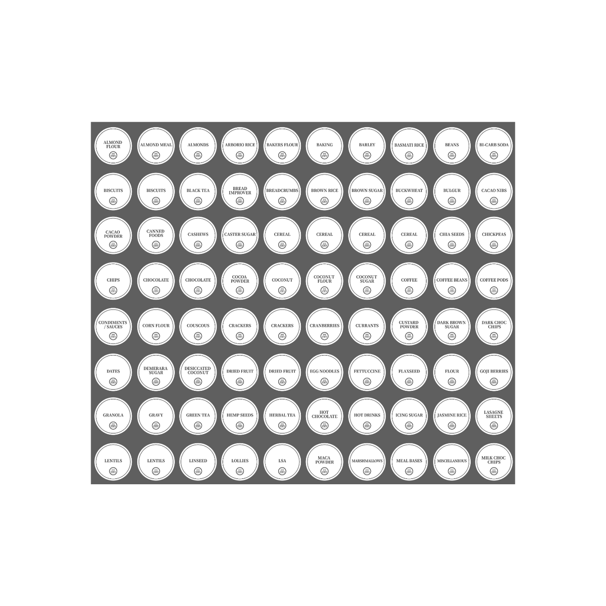 Complete Pantry Sticker Set – 156 Round Labels for kitchen storage organisers and pantry organisation.