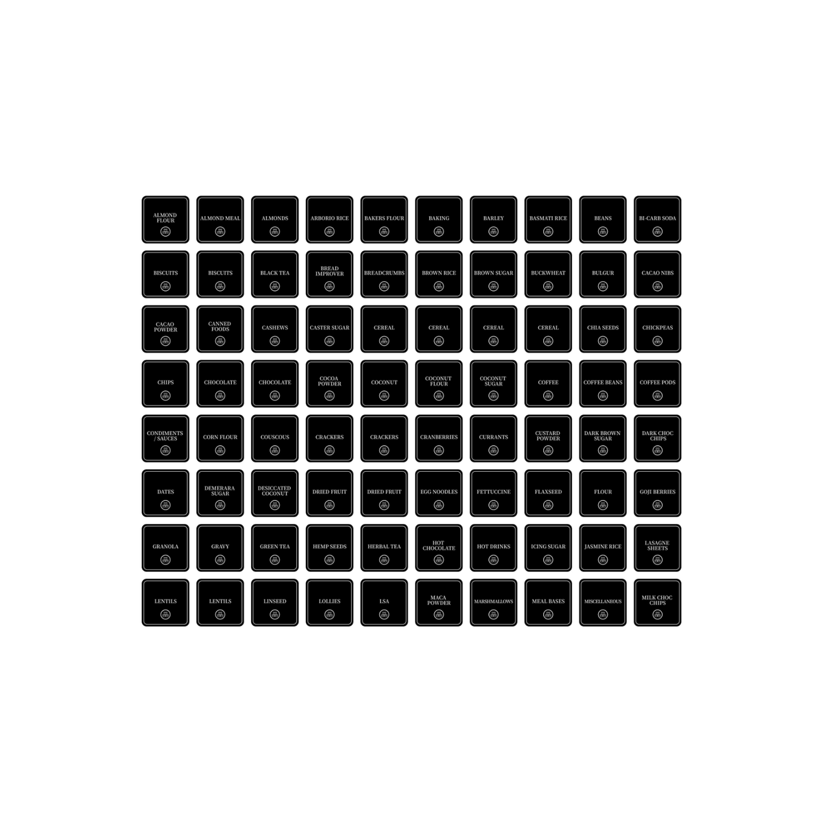 Complete Pantry Sticker Set – 156 Square Stickers for kitchen storage organisers, ideal for enhancing pantry organisation and drawer labels.
