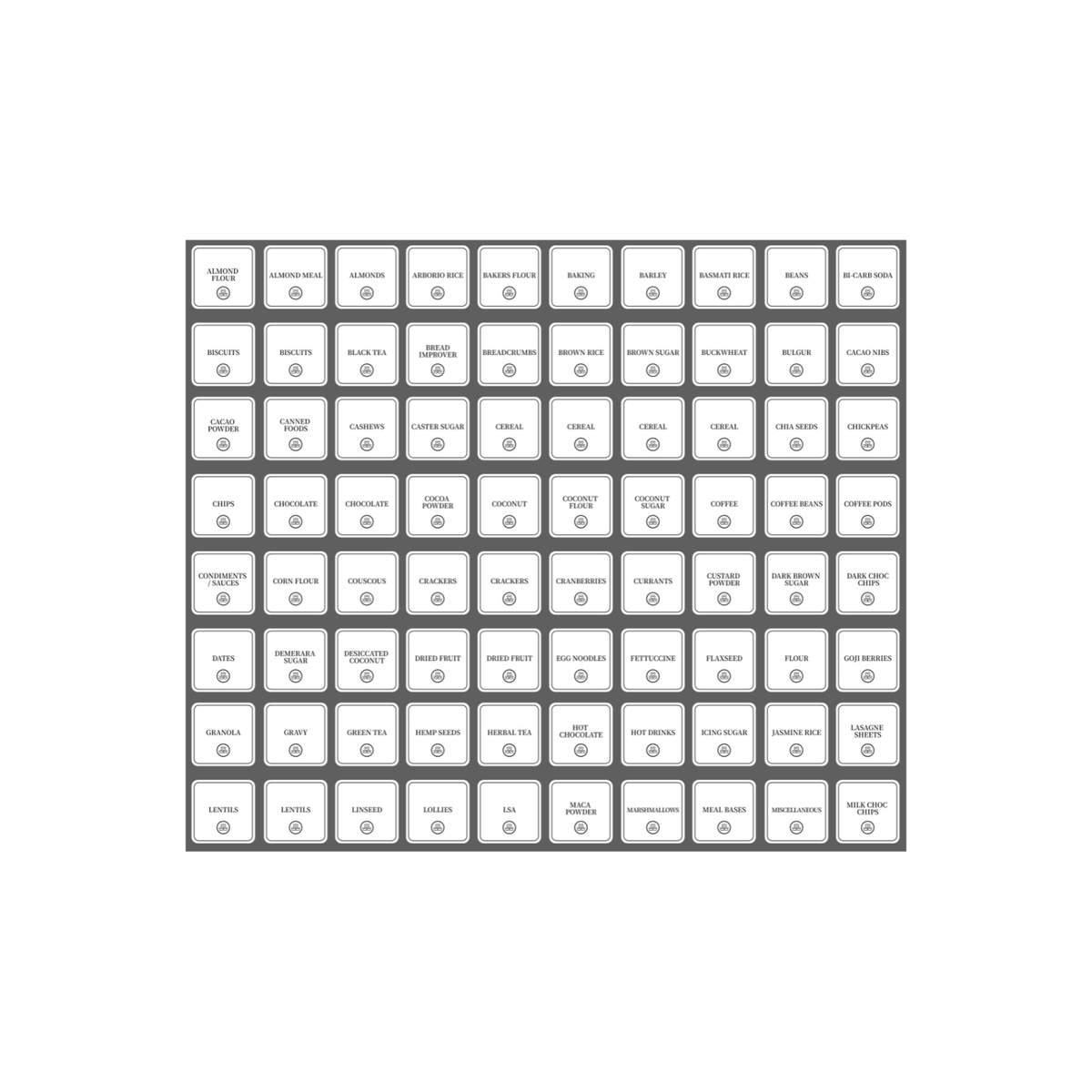 Complete Pantry Sticker Set – 156 Square Stickers for kitchen and pantry organisation, perfect for streamlined storage solutions.