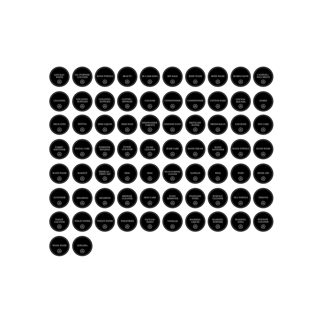 Bathroom & Laundry Vinyl Labels – 72 Sticker Set, perfect for organising storage in kitchen and pantry with stylish black circular design.