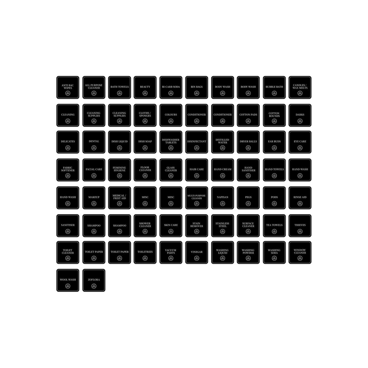 Bathroom & Laundry Vinyl Labels – 72 Square Stickers for storage organisation in kitchen and pantry or under sink areas.