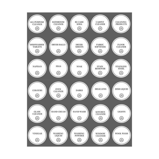 Laundry & Cleaning Labels – 30 Waterproof Stickers for pantry and kitchen organisation, perfect for under sink storage and fridge organisers.