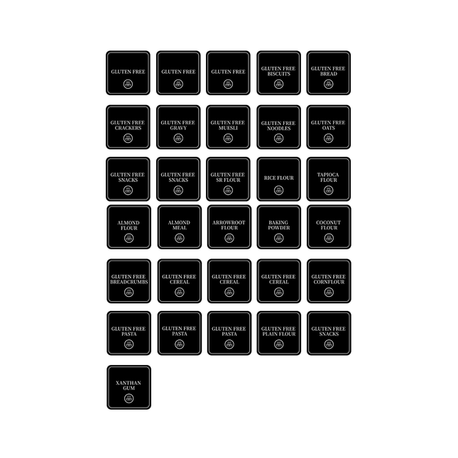 Gluten Free Pantry Labels – 31 Square Stickers for kitchen and pantry organisation, ideal for storage organisers and drawer organisers.