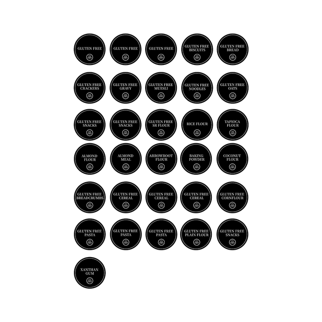 Gluten Free Pantry Labels – 31 Round Sticker Set for efficient kitchen and pantry organisation using storage organisers and glass jars.