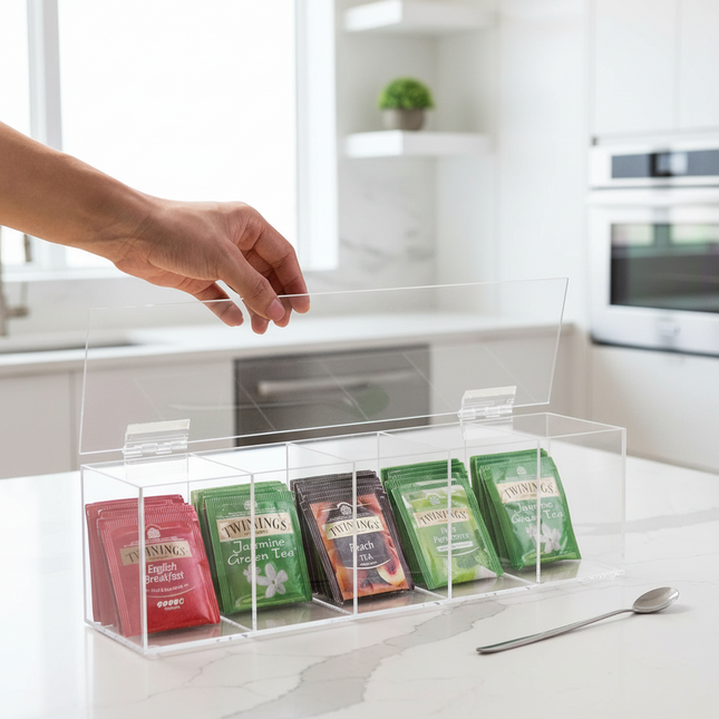 Clear Acrylic Tea Bag Organiser Box – 5 Compartment in use for kitchen organisation with various tea bags, ideal for pantry storage.