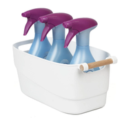 Small White Storage Tub – Stylish with Wooden Handles for kitchen organisation, holding spray bottles for easy access.