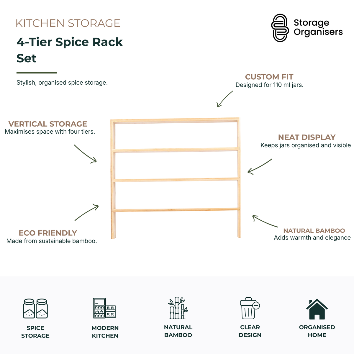 4-tier bamboo spice rack set with 24 glass herb and spice jars, designed for stylish kitchen and pantry organisation. Vertical spice storage rack maximises bench and shelf space while keeping seasonings neatly displayed and easy to access. Includes a sustainable bamboo stand custom-fitted for spice jars, creating a clean, organised, and modern kitchen storage solution.
