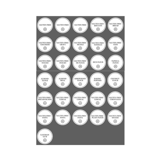 Gluten Free Pantry Labels – 31 Round Sticker Set for kitchen and pantry organisation, ideal for storage organisers and drawer use.