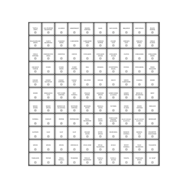 Square Herb & Spice Labels – Pack of 110 for efficient pantry organisation, ideal for drawer organisers or kitchen storage.