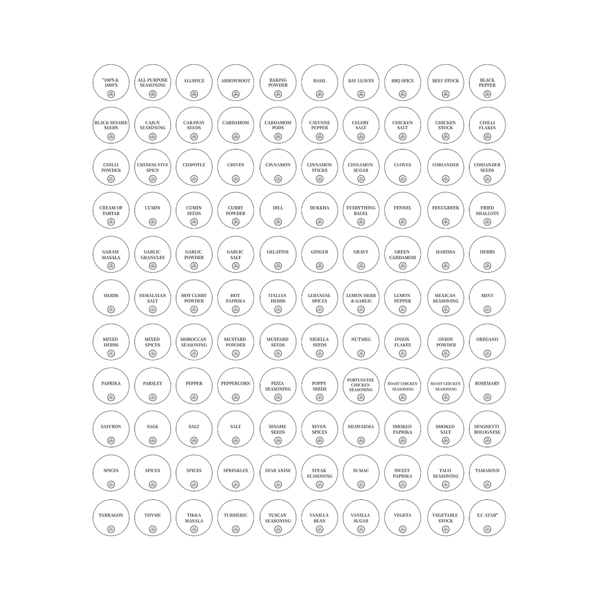 Round Herb & Spice Labels – Pack of 110, perfect for kitchen organisation and storage on spice jars or drawers.