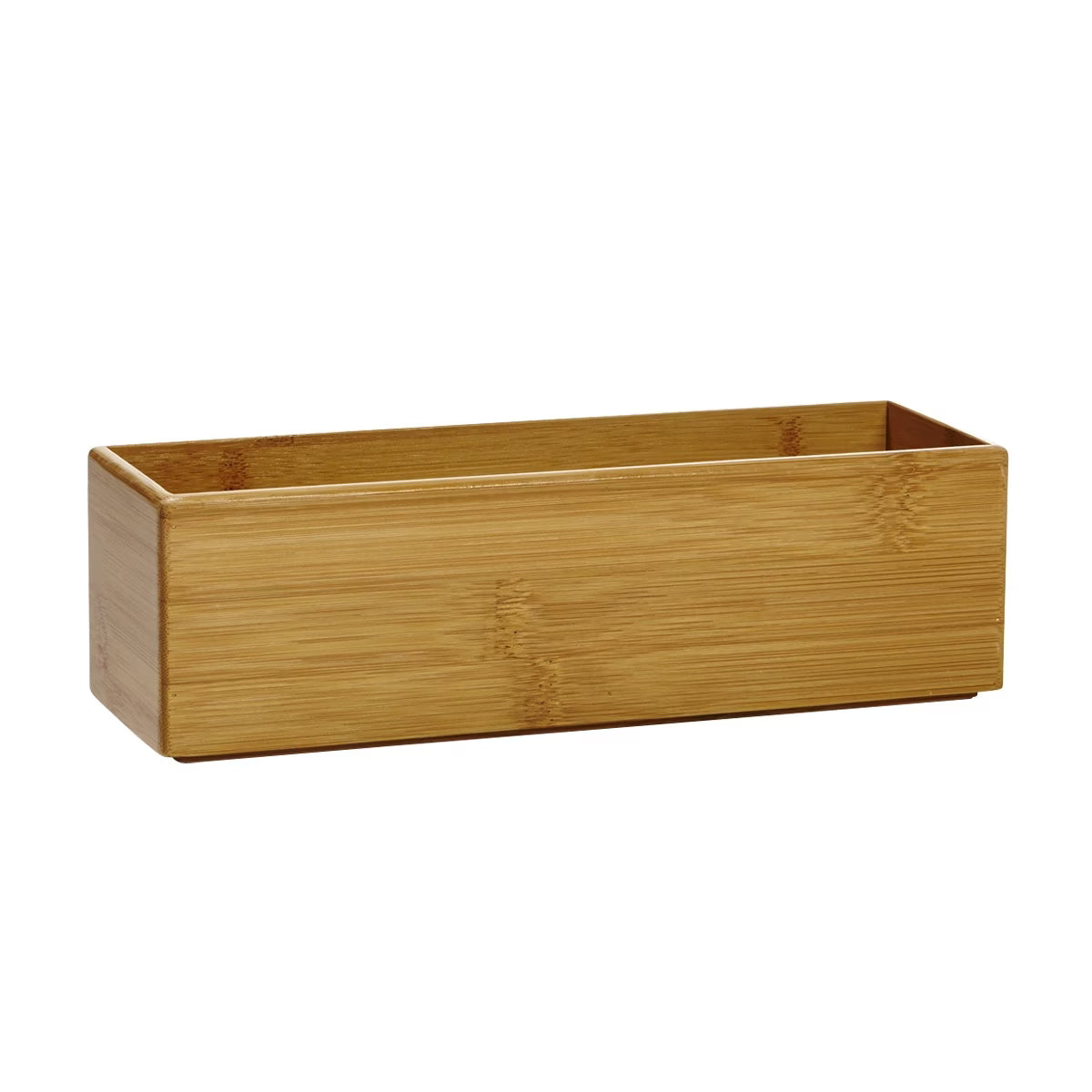 A rectangular bamboo planter box with a natural light brown wood grain finish, shown from a three-quarters angle on a solid white background.