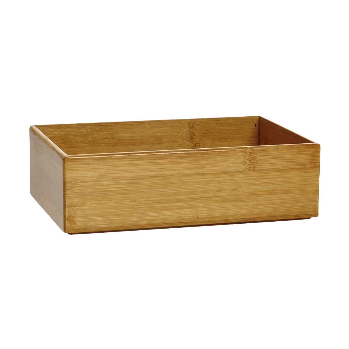 A rectangular bamboo storage box with a shallow open top, shown on a plain white background.