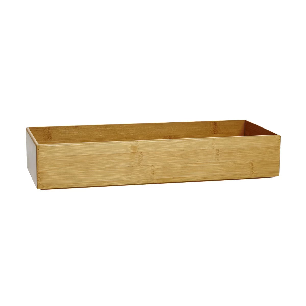 A rectangular bamboo storage box with a light natural wood grain finish, shown from a three-quarters angle on a solid white background.
