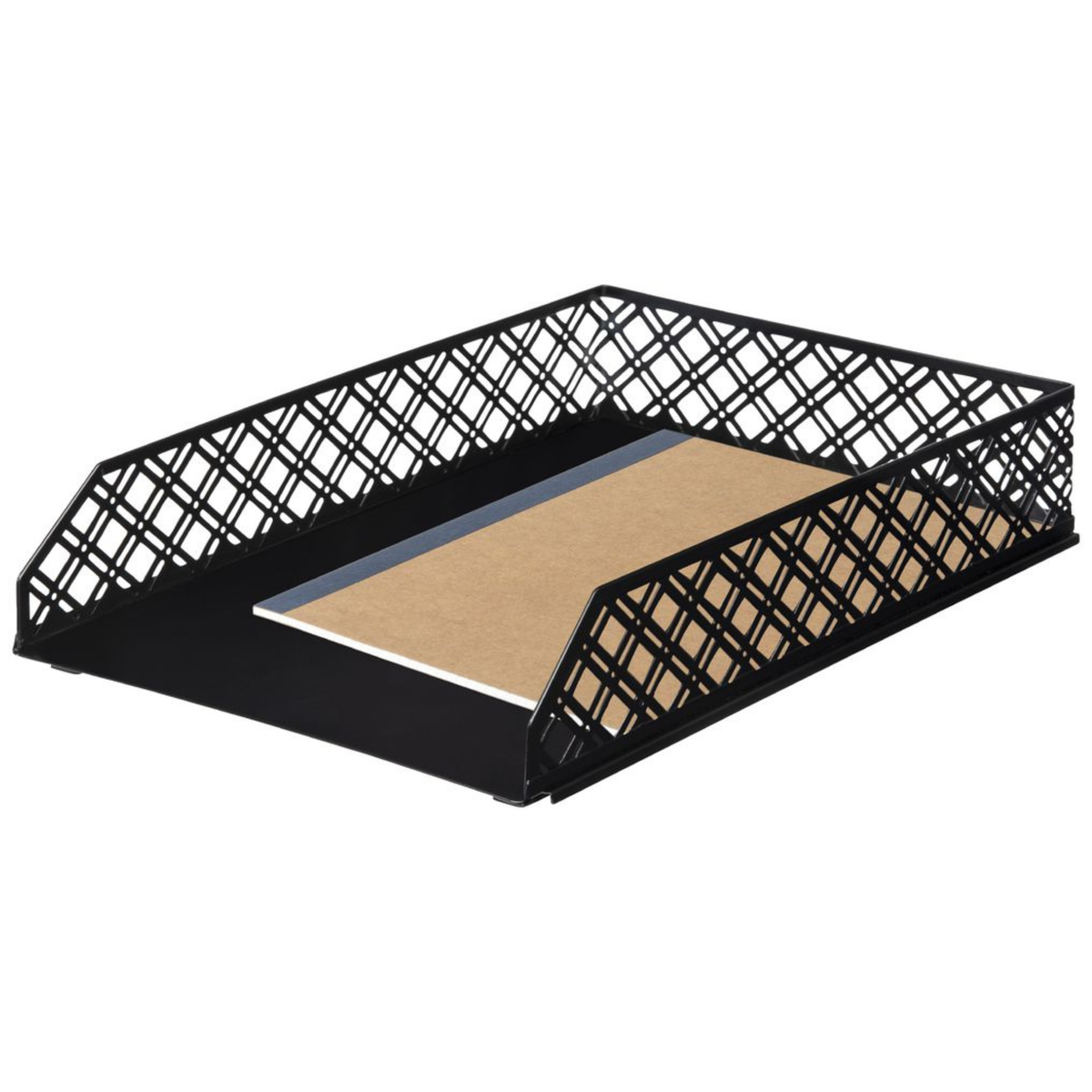 Black Metal Document Tray for Desk Organisation holding papers, ideal for home office storage and improving desk organisation.