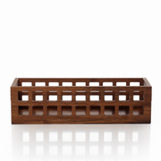 Small perforated storage basket made from natural acacia wood, ideal for storing fruit, snacks and pantry essentials on kitchen shelves or countertops.