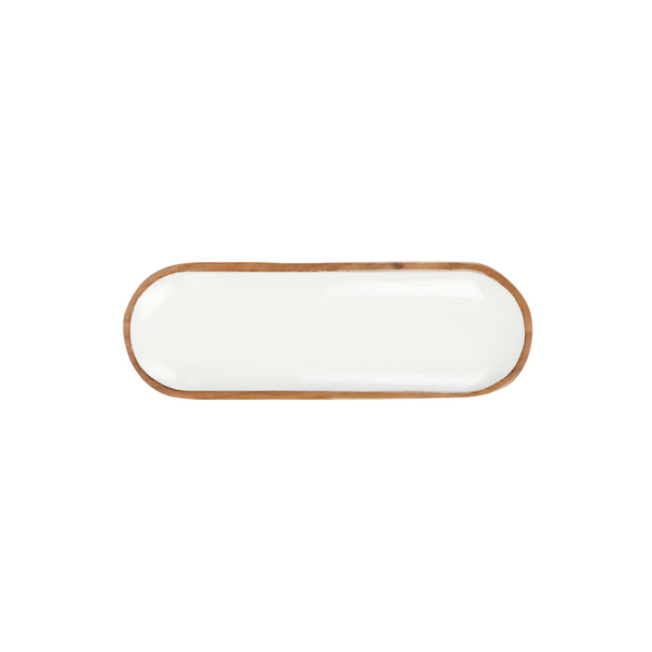 White Enamel and Acacia Wood Oval Platter