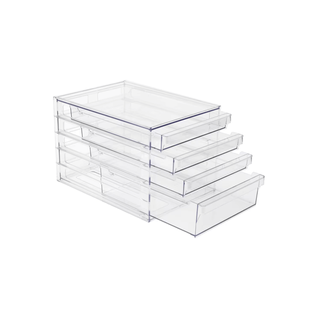 Clear 4-Drawer Organiser ideal for kitchen or pantry storage, featuring transparent stacking drawers for efficient drawer organisation.