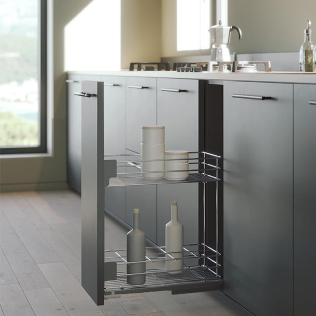 Pull-Out Basket – 150mm, 200mm & 300mm, perfect for kitchen organisation, storing oils and sauces in a sleek under sink cabinet.
