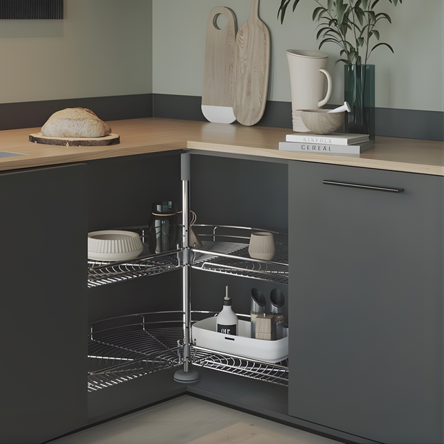 Lazy Susan Corner Cabinet – 270° Swivel Unit in kitchen for efficient storage organisation with pull out bins and glass jars.