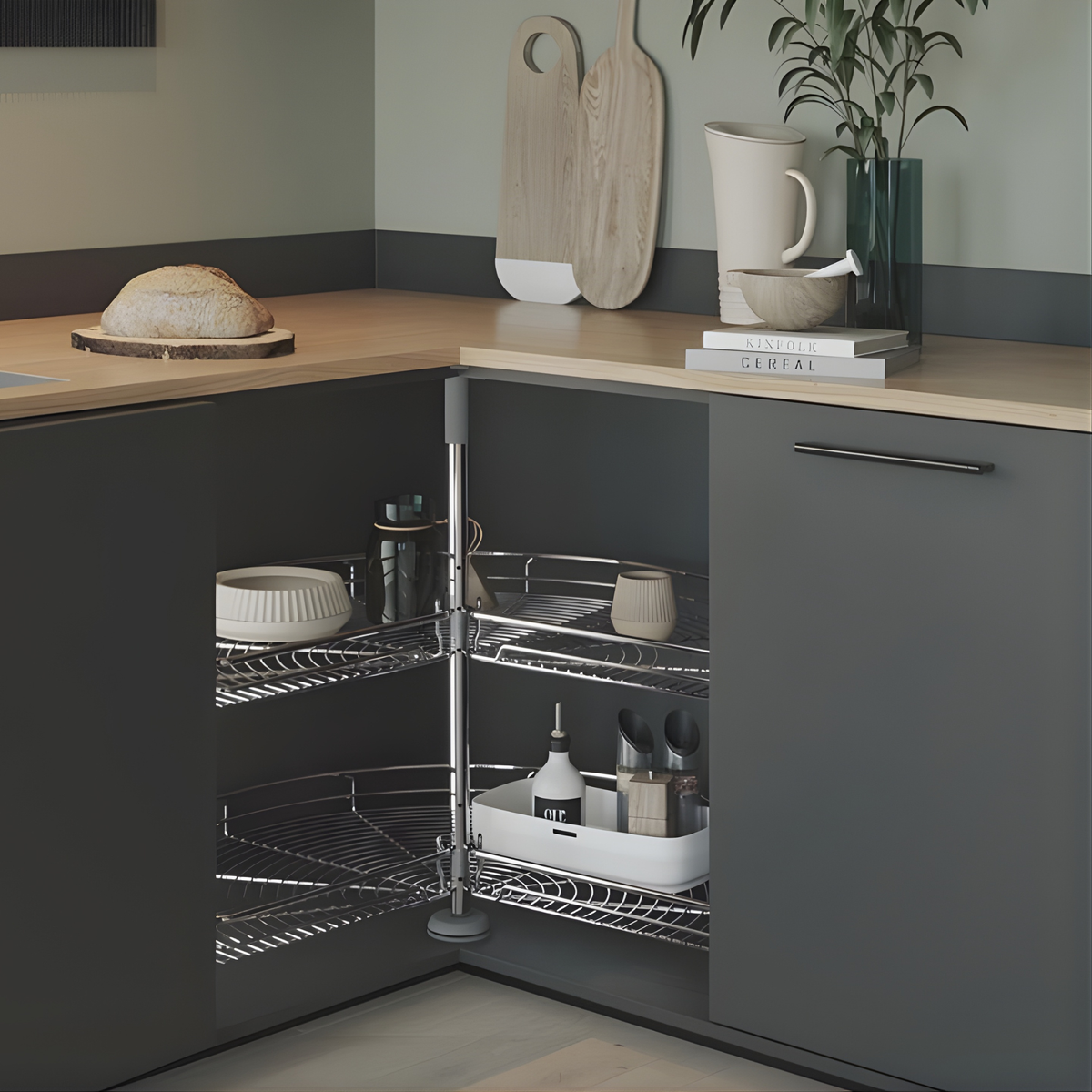Lazy Susan Corner Cabinet – 270° Swivel Unit in kitchen for efficient storage organisation with pull out bins and glass jars.