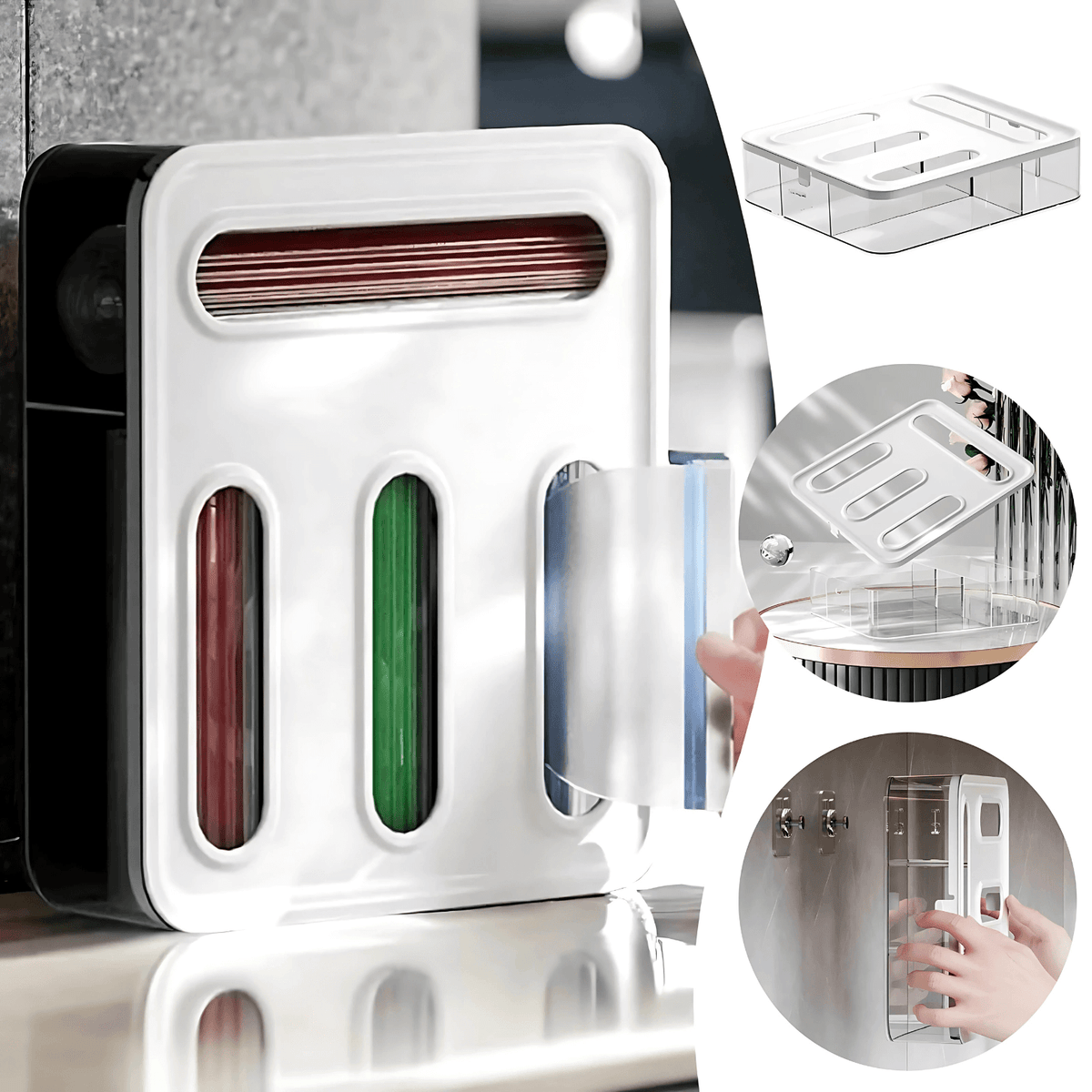 Acrylic Sandwich Bag Organiser – 4 Slot Dispenser mounted on kitchen wall for efficient storage and easy access to snack bags.