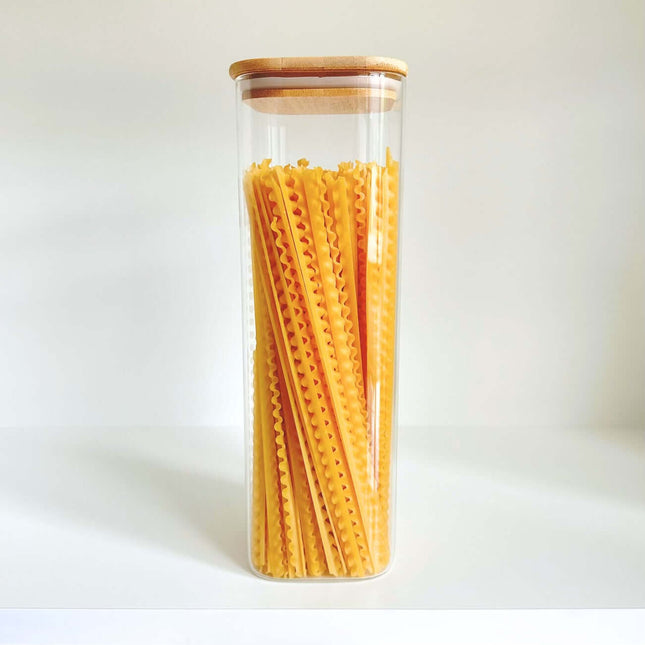 Glass jar from Square Bamboo Pantry Jars – 12-Pack Glass Storage Set, perfect for pasta storage in kitchen pantry organisation.