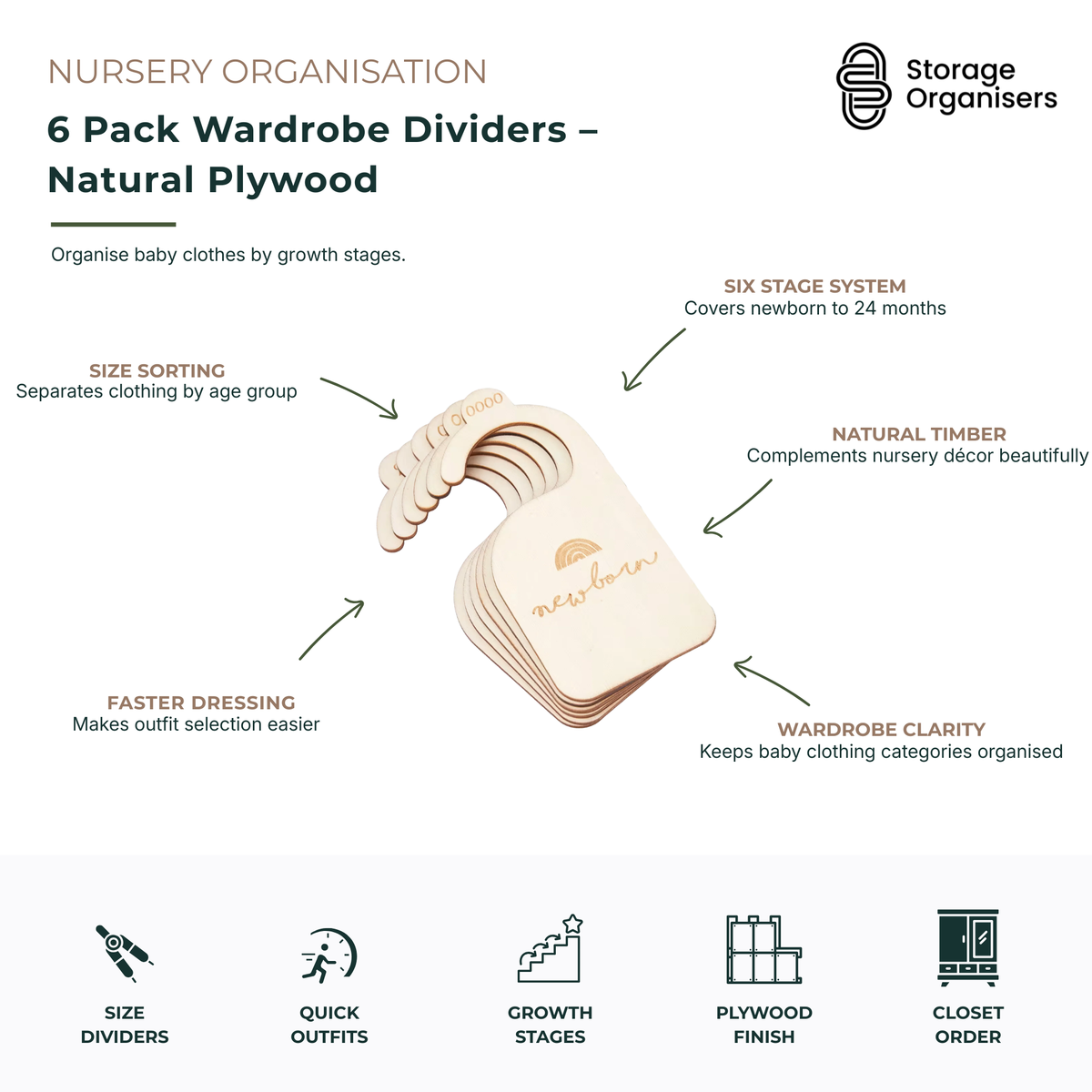 Set of 6 natural plywood wardrobe dividers for organising baby clothes by age and growth stage. Nursery wardrobe organisers designed to separate clothing sizes from newborn to 24 months, making outfit selection faster and keeping closets neat and organised. Wooden baby wardrobe dividers with natural timber finish that enhance nursery organisation while creating clear clothing categories for easy storage and access.