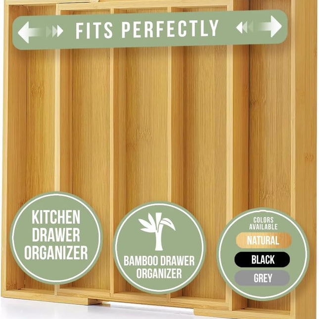 Bamboo Expandable Cutlery Drawer Insert for kitchen organisation, perfect for keeping cutlery sorted in kitchen drawers.
