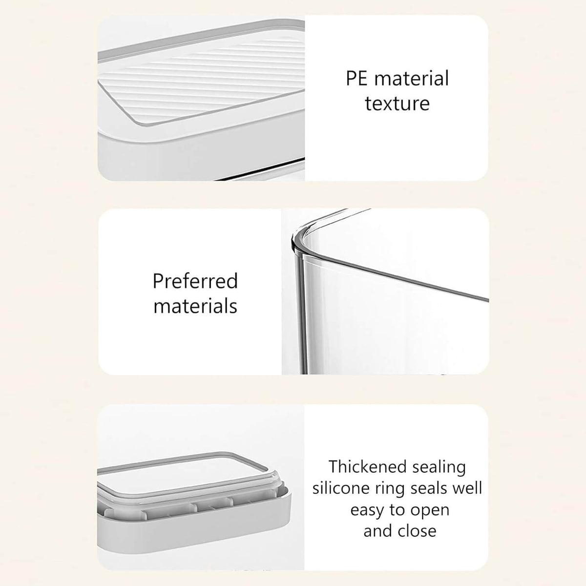 Elegant White Airtight Container – 400ML showing durable PE texture and thickened silicone sealing, ideal for kitchen or pantry organisation.