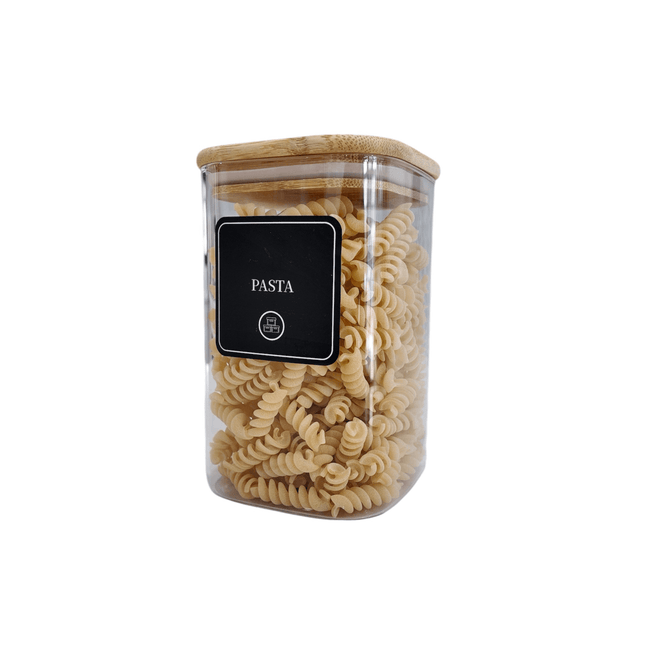 Glass jar labelled 'Pasta' using the Complete Pantry Sticker Set – 156 Square Stickers, perfect for pantry organisation.