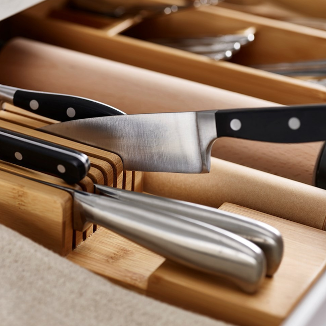 2 Tier Bamboo Knife Drawer Organiser for efficient kitchen storage; perfect for drawer organisers and knife organisation.