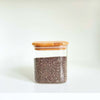 Glass pantry jar with bamboo lid, ideal for kitchen storage and space-saving organization.