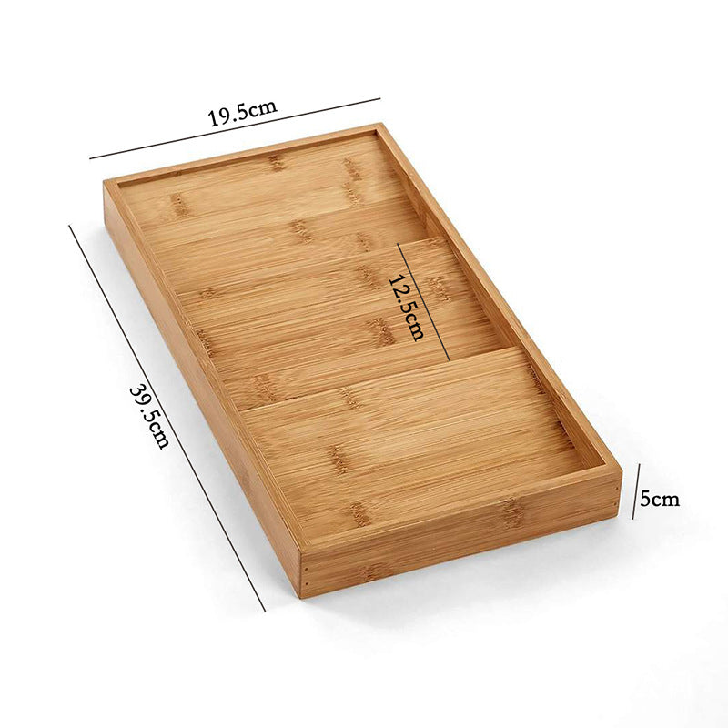 Bamboo Herb & Spice Drawer Organiser – 3 Tier shown with dimensions, ideal for kitchen or pantry, promoting tidy storage organisers.
