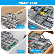 Expandable 3-Tier Drawer Organiser – Adjustable shown with cosmetics, tools, jewellery, and office supplies in a drawer for kitchen organisation.