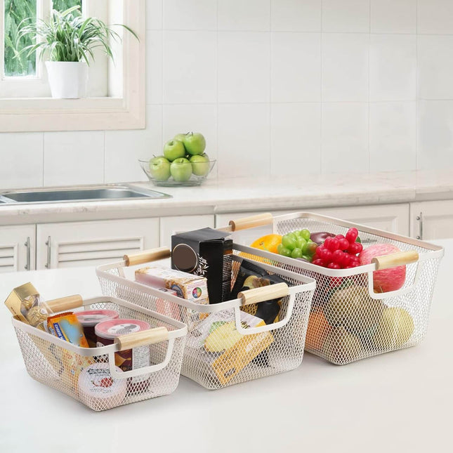 White Mesh Storage Basket with Wooden Handles used for fridge organisers, enhancing kitchen organisation with fresh fruits and packaged goods.