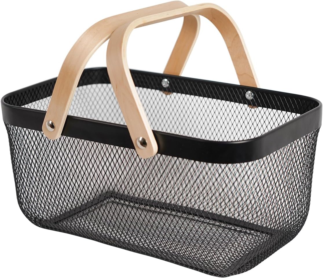 Black mesh storage basket with wooden handles for home organisation, perfect as under sink storage or pantry organisers in Australia.