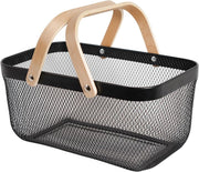 Black mesh storage basket with wooden handles for home organisation, perfect as under sink storage or pantry organisers in Australia.